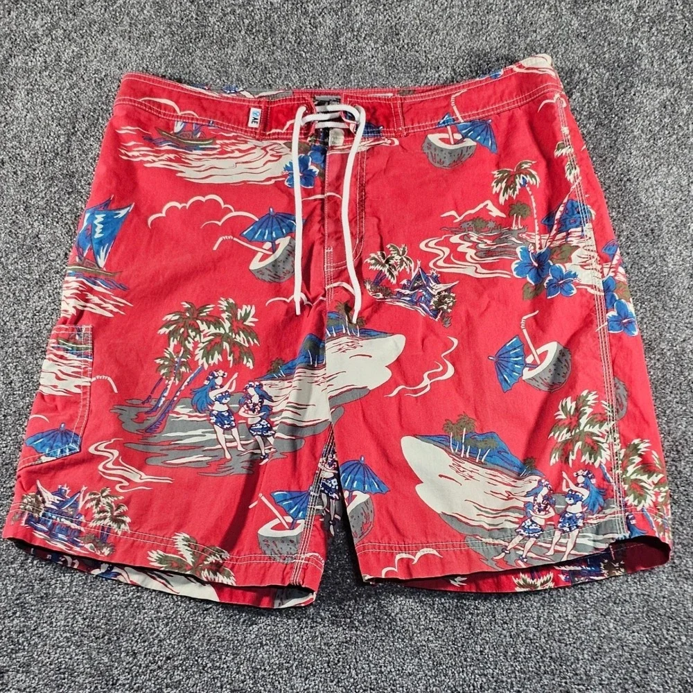 American Eagle Board Shorts Mens 36 (fits 38) Red‎ Tropical Hula Print Swim Surf